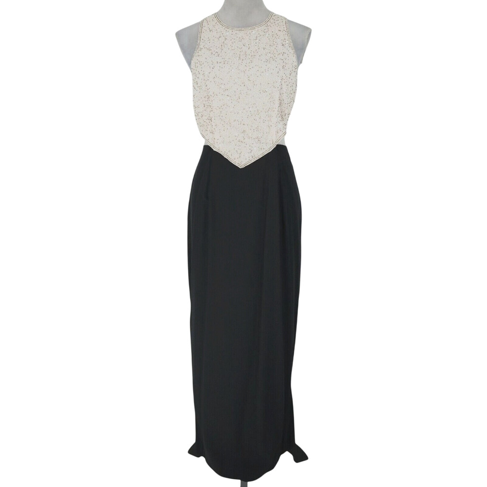 Stenay Gown Womens 12 Ivory Black Silk Sequins Waist Cut Outs Lined Dress New